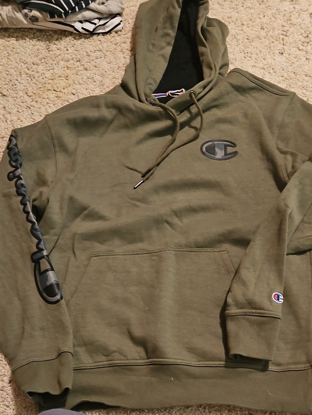 Champion Olive Green Crewneck Hoodie with Logo Accents
